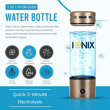 golden hydrogen water bottle with a textual description of the bottles features