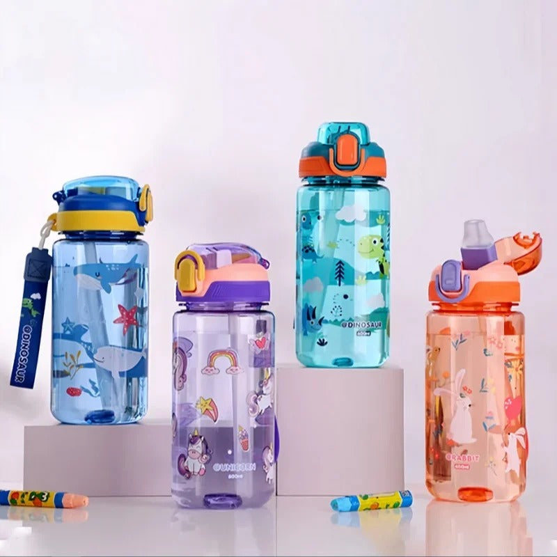 DinoSip – 600ml Dinosaur Water Bottle for Kids with Straw and Leakproof Lid