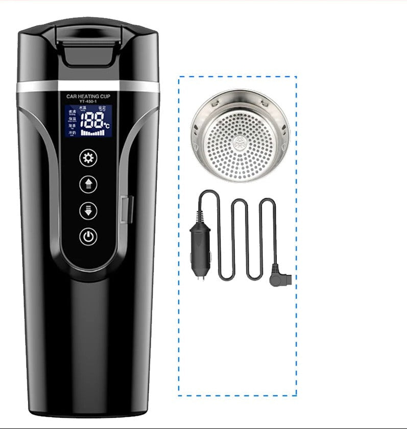 Black car heating cup with digital display and accessories on a white background