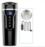Black car heating cup with digital display and accessories on a white background